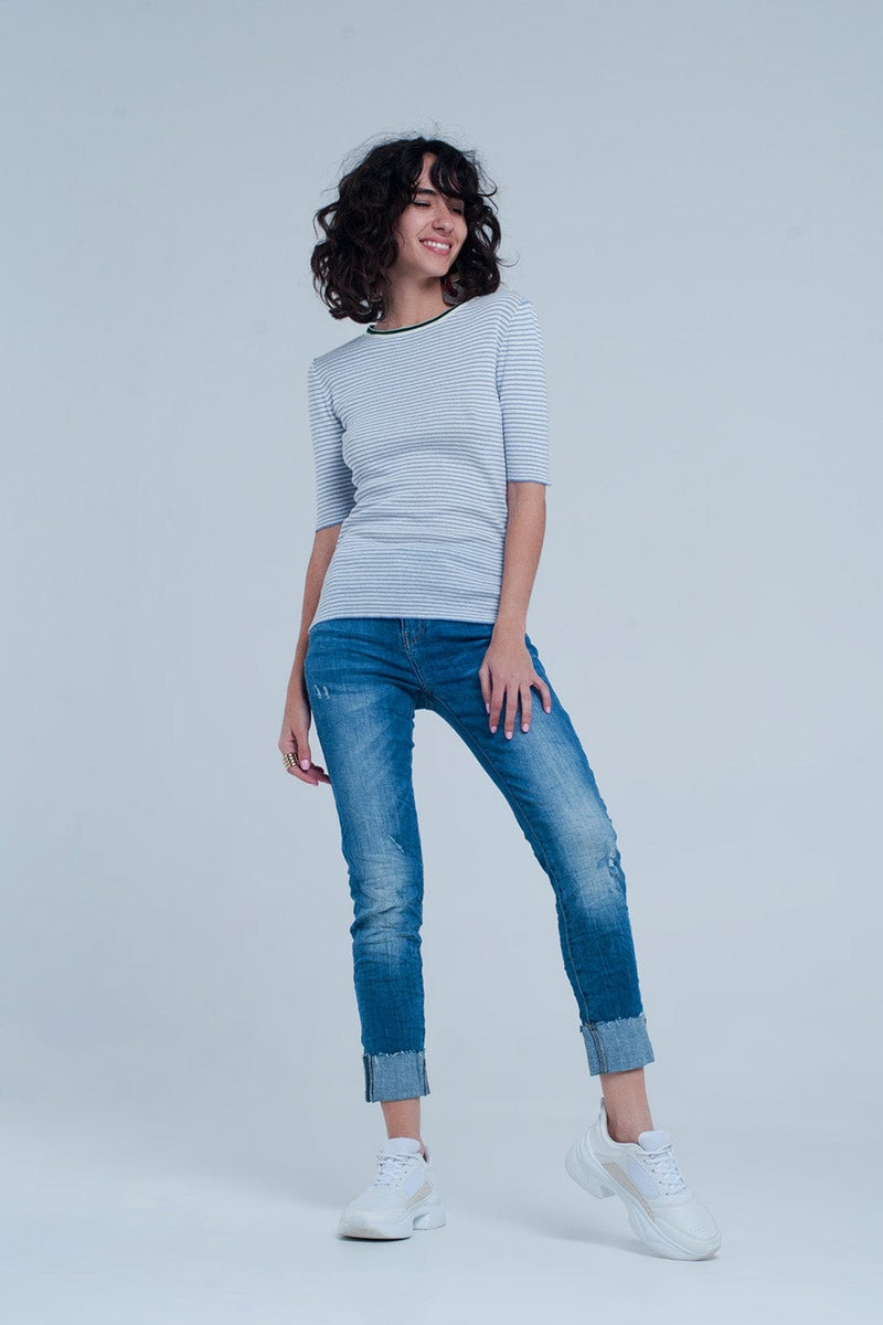 Q2 Women's Jean Turn Up Frayed Hem Jeans