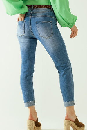 Q2 Women's Jean Washed Effect Push-Up Jeans With Five Pockets And Hem