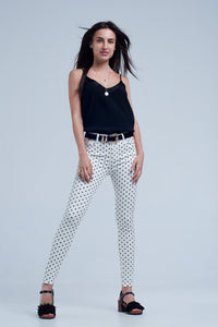 Q2 Women's Jean White Jeans in Polka Dots