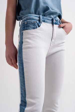 Q2 Women's Jean White Jeans with Contrast Panel in Light Wash