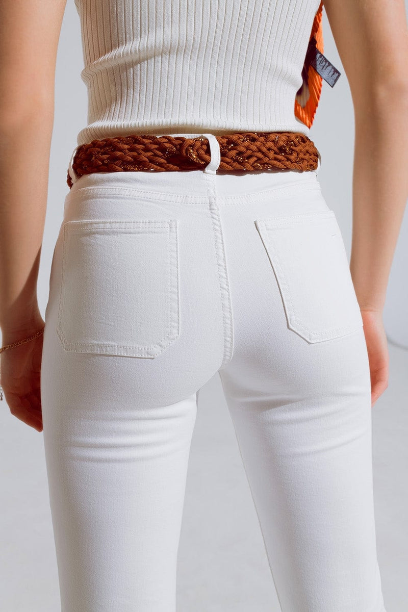 Q2 Women's Jean White Skinny Flared Jeans With Front Pocket Detail