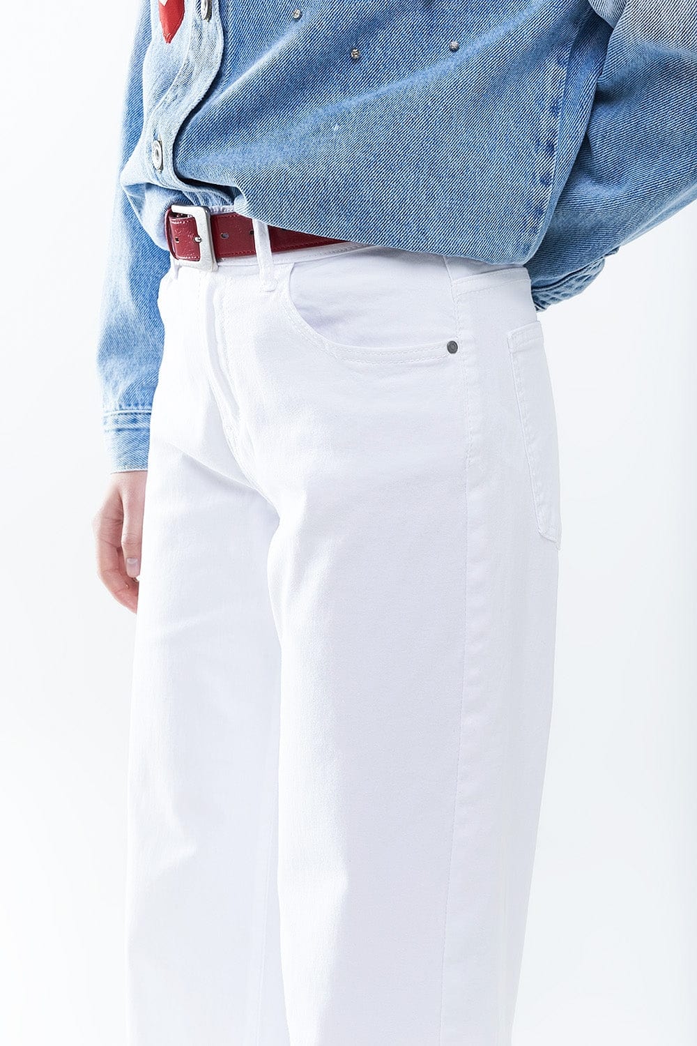 Q2 Women's Jean White Straight Pants Wide Leg