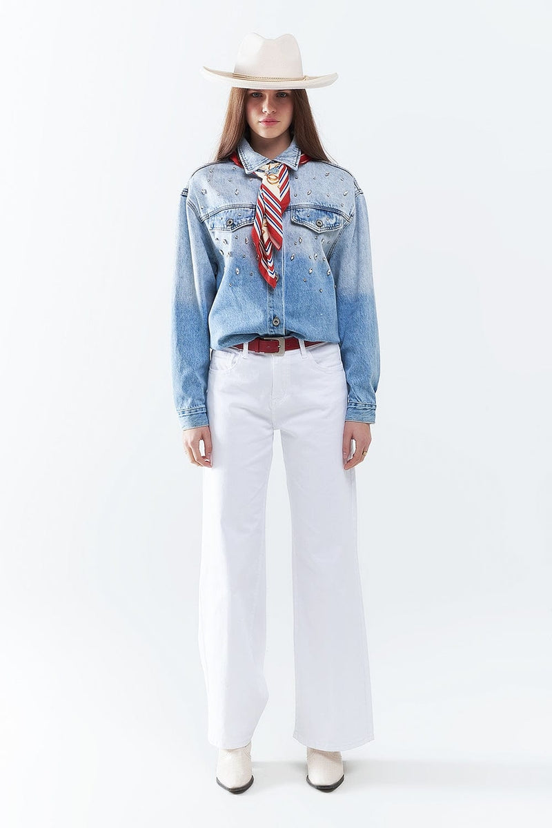 Q2 Women's Jean White Straight Pants Wide Leg
