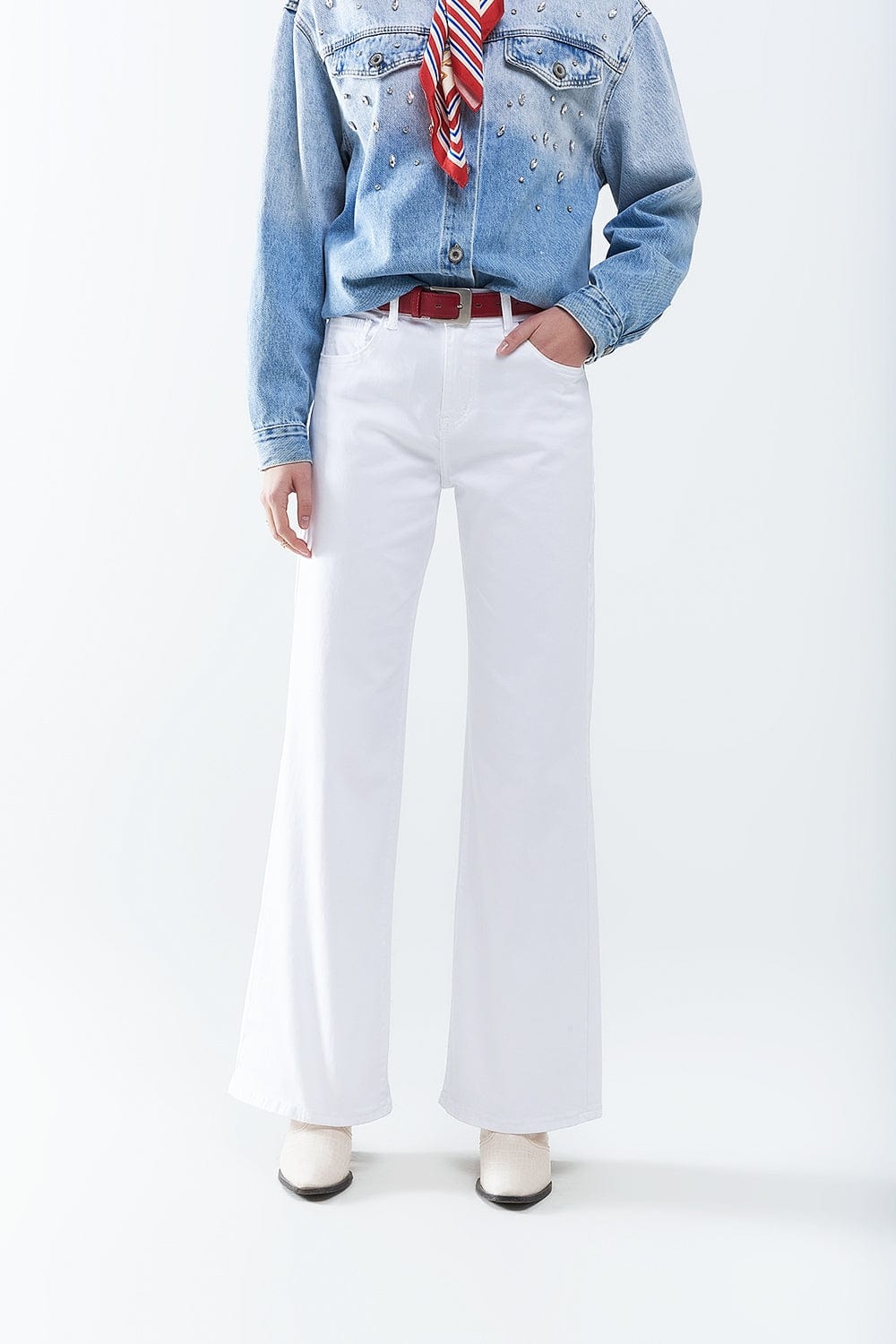 Q2 Women's Jean White Straight Pants Wide Leg