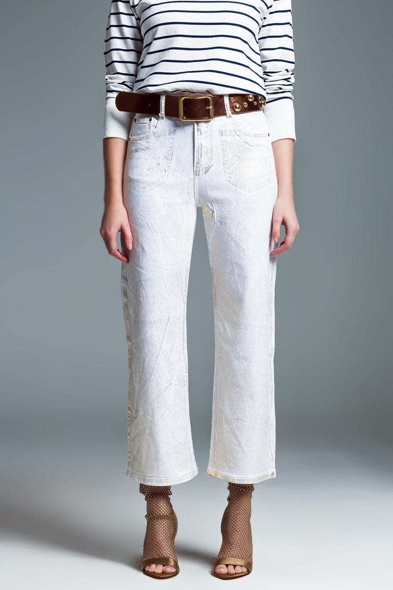 Q2 Women's Jean White Wide Leg Jeans With Metallic Finish In Gold