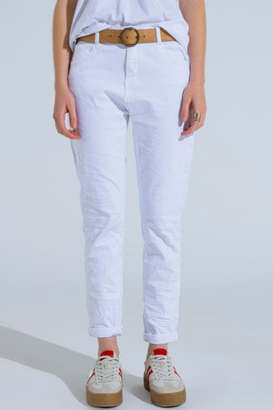 Q2 Women's Jean White Wrinkled Skinny Jeans