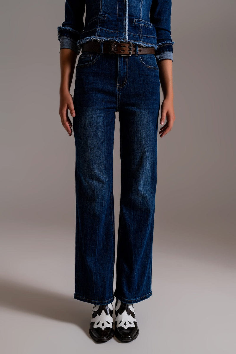 Q2 Women's Jean Wide Leg 70`S Jeans In Mid Wash Blue