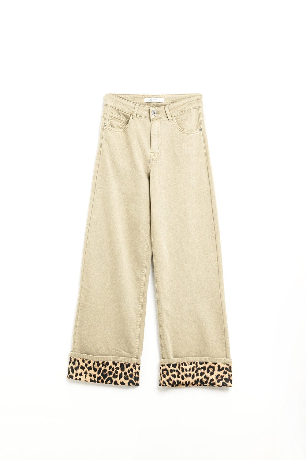 Q2 Women's Jean Wide Leg Beige Pants With Leopard Print At The Bottom