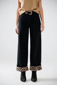 Q2 Women's Jean Wide Leg Black Pants With Leopard Print At The Bottom