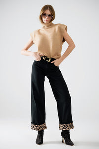 Q2 Women's Jean Wide Leg Black Pants With Leopard Print At The Bottom