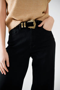 Q2 Women's Jean Wide Leg Black Pants With Leopard Print At The Bottom