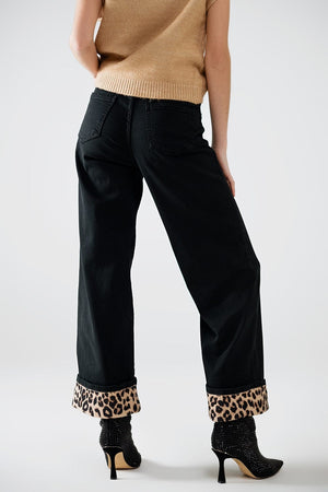 Q2 Women's Jean Wide Leg Black Pants With Leopard Print At The Bottom