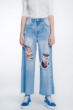 Q2 Women's Jean Wide Leg Cropped Raw Hem Jeans in Light Blue