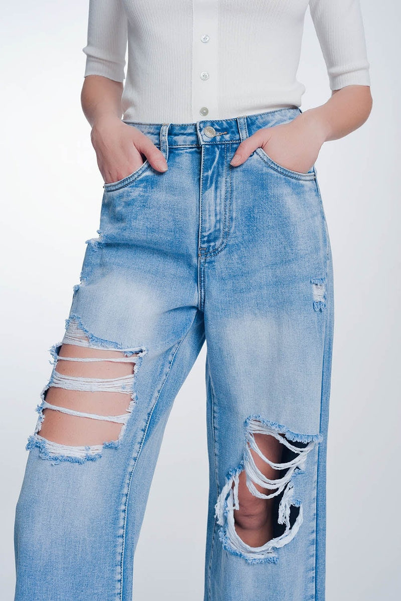 Q2 Women's Jean Wide Leg Cropped Raw Hem Jeans in Light Blue
