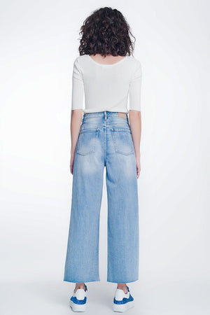 Q2 Women's Jean Wide Leg Cropped Raw Hem Jeans in Light Blue