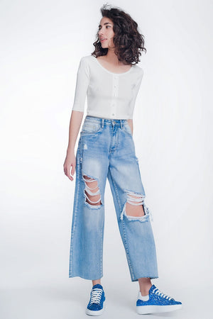 Q2 Women's Jean Wide Leg Cropped Raw Hem Jeans in Light Blue