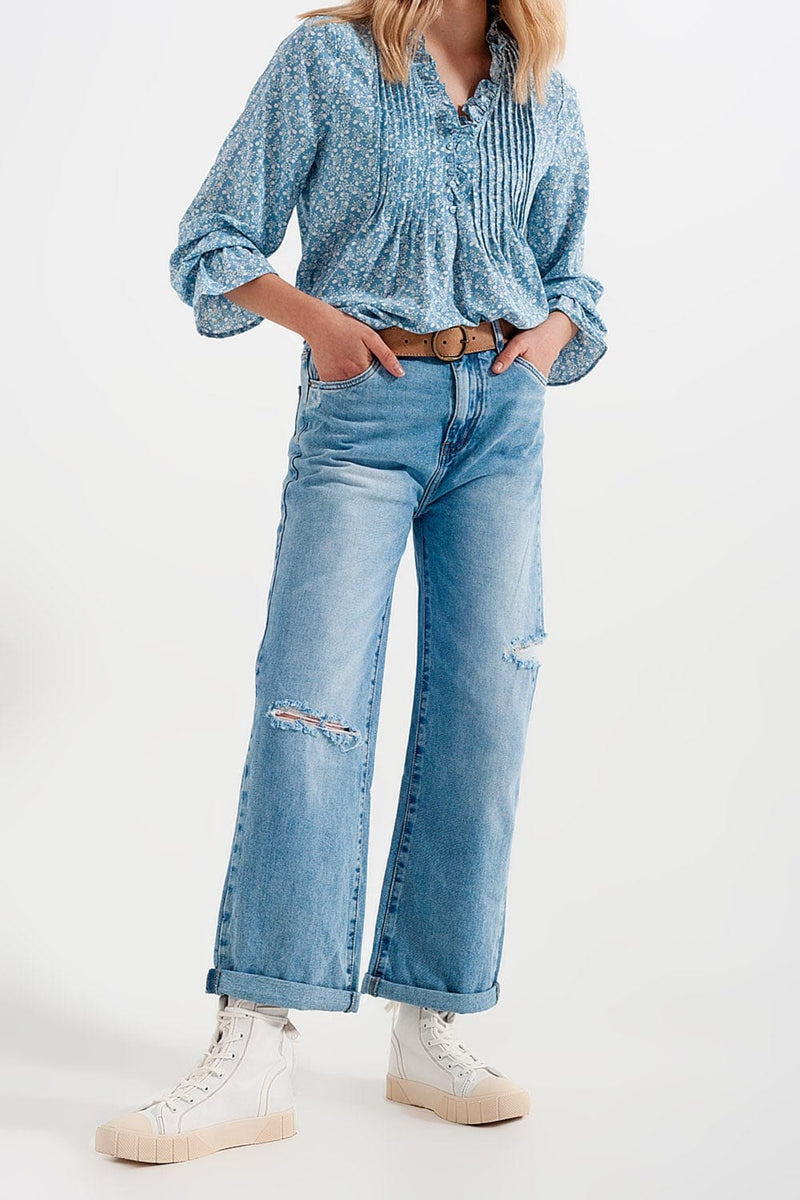 Q2 Women's Jean Wide Leg Jean with Knee Rips Washed Blue