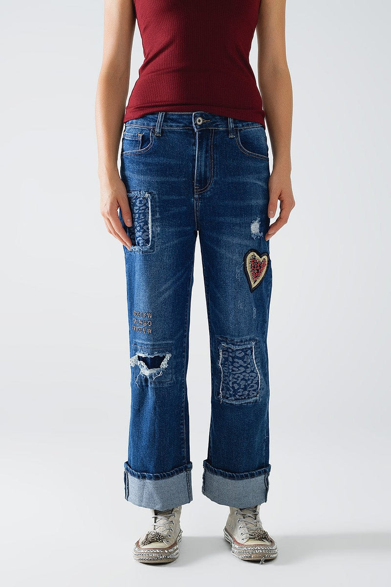 Q2 Women's Jean Wide Leg Jeans Embellished With Some Patches