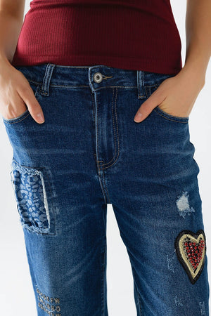 Q2 Women's Jean Wide Leg Jeans Embellished With Some Patches