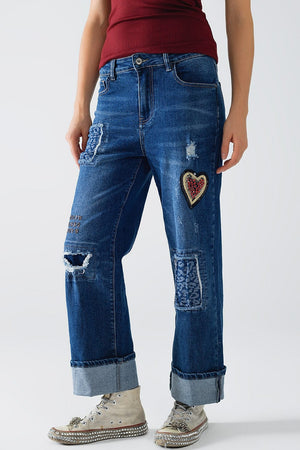 Q2 Women's Jean Wide Leg Jeans Embellished With Some Patches