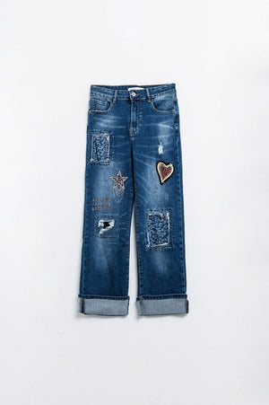 Q2 Women's Jean Wide Leg Jeans Embellished With Some Patches