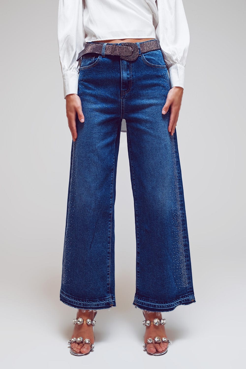 Q2 Women's Jean Wide Leg Jeans With Diamante Details On The Side In Mid Wash