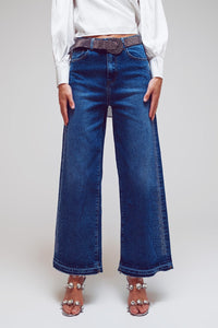 Q2 Women's Jean Wide Leg Jeans With Diamante Details On The Side In Mid Wash
