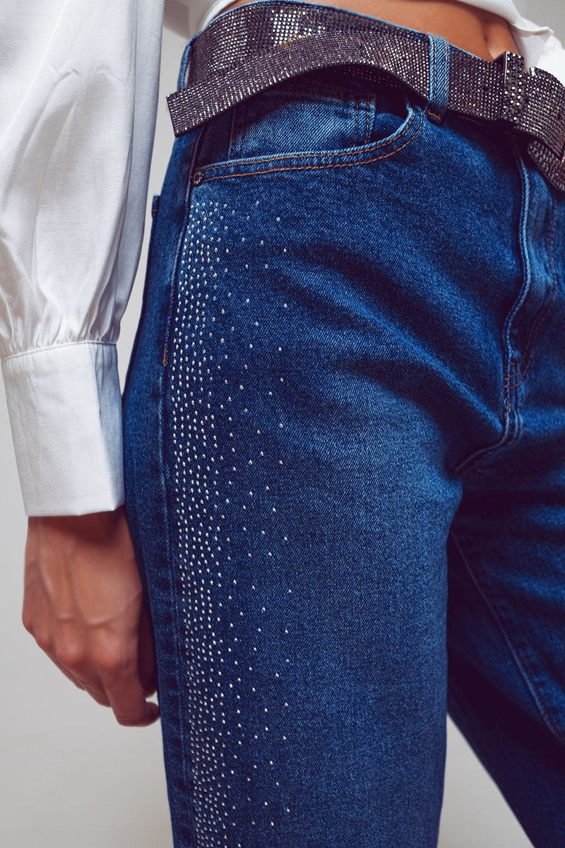 Q2 Women's Jean Wide Leg Jeans With Diamante Details On The Side In Mid Wash