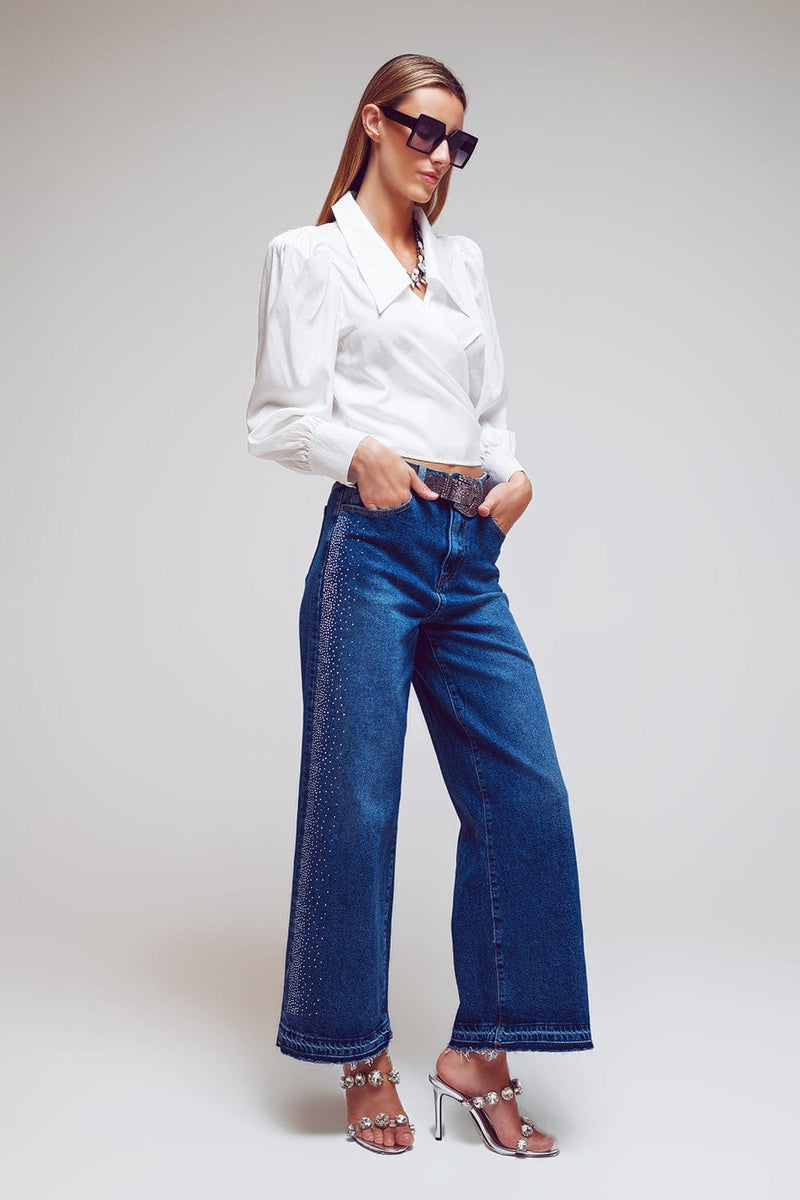 Q2 Women's Jean Wide Leg Jeans With Diamante Details On The Side In Mid Wash