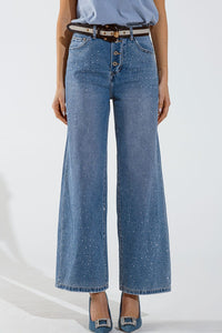 Q2 Women's Jean Wide Leg Jeans With Exposed Buttons And Stras Details In Mid Wash