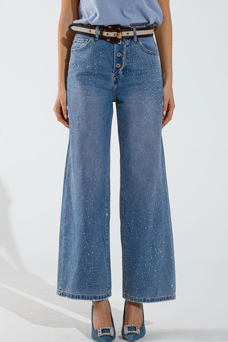 Q2 Women's Jean Wide Leg Jeans With Exposed Buttons And Stras Details In Mid Wash