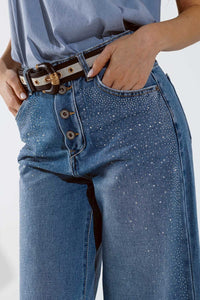 Q2 Women's Jean Wide Leg Jeans With Exposed Buttons And Stras Details In Mid Wash