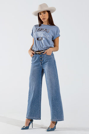 Q2 Women's Jean Wide Leg Jeans With Exposed Buttons And Stras Details In Mid Wash