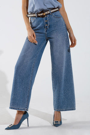 Q2 Women's Jean Wide Leg Jeans With Exposed Buttons And Stras Details In Mid Wash