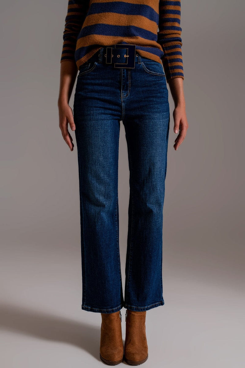 Q2 Women's Jean Wide Leg Jeans With Hem Detail In Dark Wash