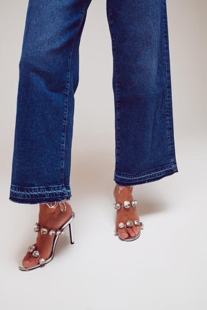 Q2 Women's Jean Wide Leg Jeans With Hem Detail In Mid Wash