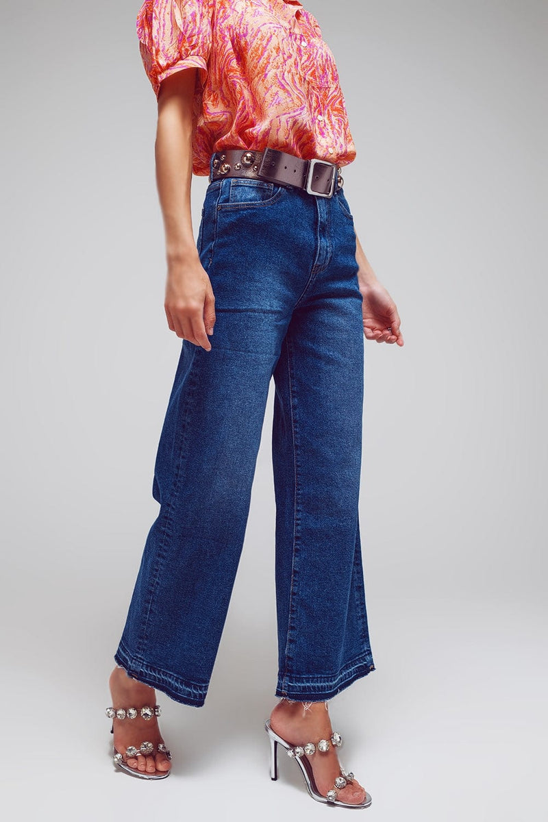 Q2 Women's Jean Wide Leg Jeans With Hem Detail In Mid Wash