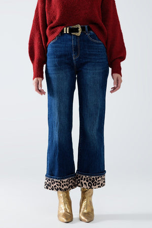 Q2 Women's Jean Wide Leg Jeans With Leopard Stripe At The Bottom