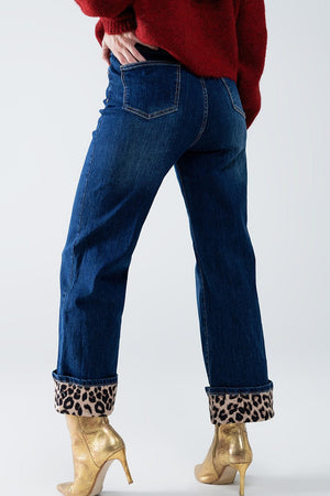 Q2 Women's Jean Wide Leg Jeans With Leopard Stripe At The Bottom