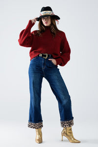 Q2 Women's Jean Wide Leg Jeans With Leopard Stripe At The Bottom