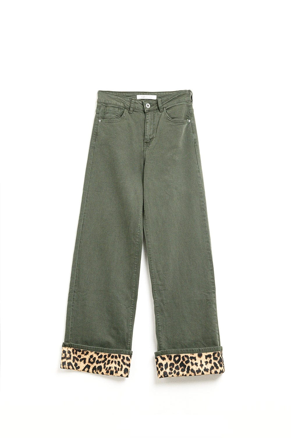 Q2 Women's Jean Wide Leg Military Green Pants With Leopard Print At The Bottom