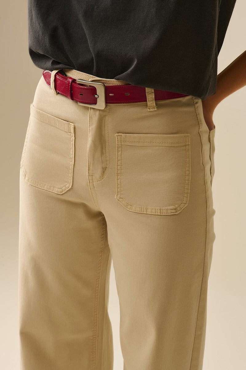 Q2 Women's Jean Wide Leg Pants With Front Pockets In Beige
