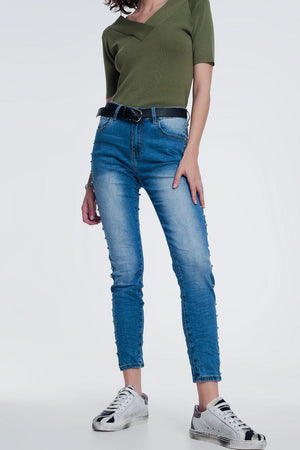 Q2 Women's Jean Wrinkled Denim Studded Skinny Jeans