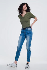 Q2 Women's Jean Wrinkled Denim Studded Skinny Jeans