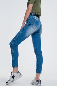 Q2 Women's Jean Wrinkled Denim Studded Skinny Jeans