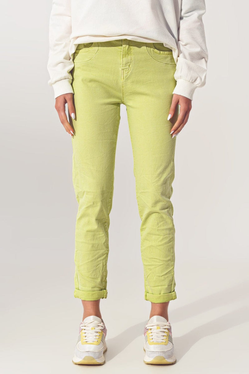 Q2 Women's Jean Wrinkled Skinny Jeans in Lime Green