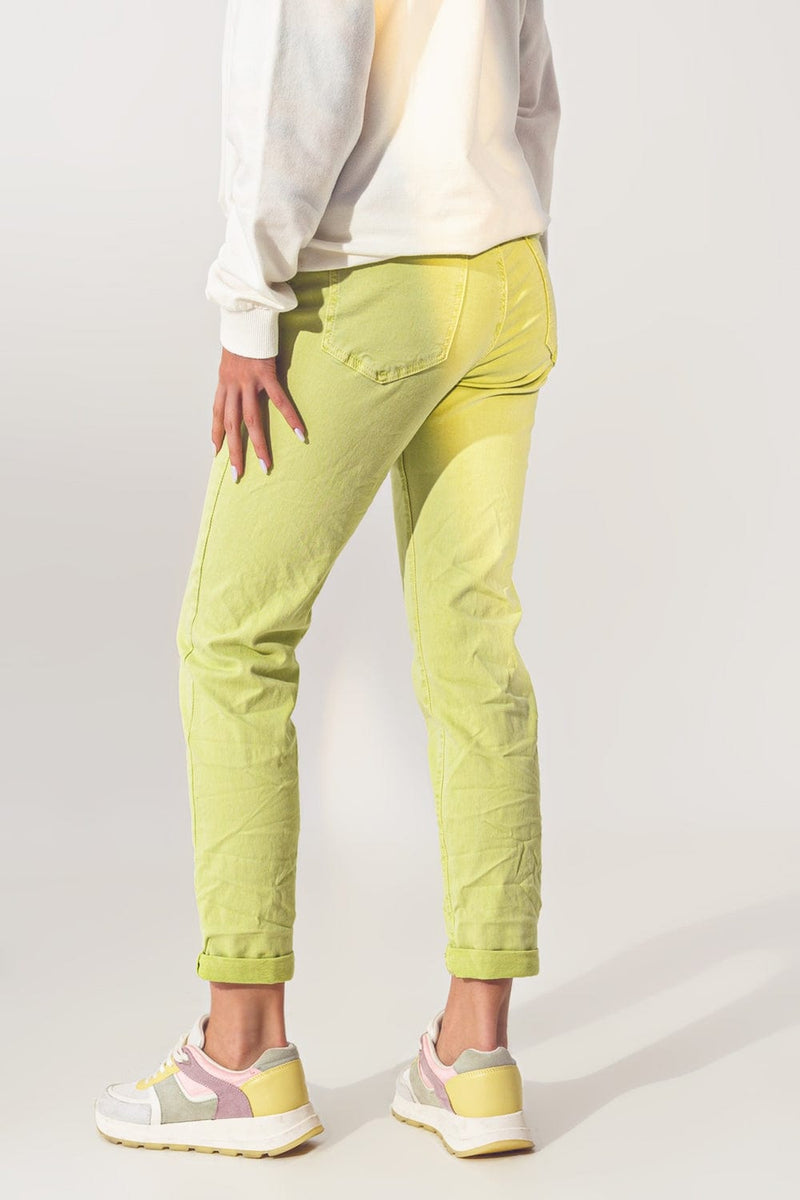 Q2 Women's Jean Wrinkled Skinny Jeans in Lime Green