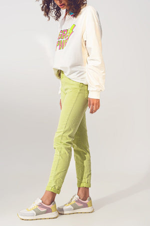 Q2 Women's Jean Wrinkled Skinny Jeans in Lime Green