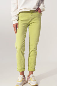 Q2 Women's Jean Wrinkled Skinny Jeans in Lime Green