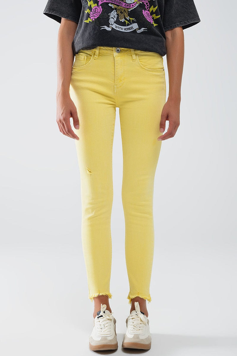 Q2 Women's Jean Yellow Jagged Hem Super Skinny Stretch Jeans